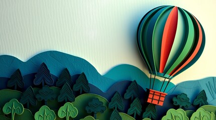Verdant Journey: Handcrafted Paper Art Landscape with Hot Air Balloon Soaring Over Layered Forest