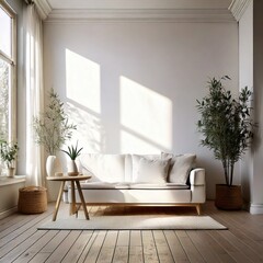 Modern home interior design, cozy and elegant living room, wooden floor, white walls, green home plants.
