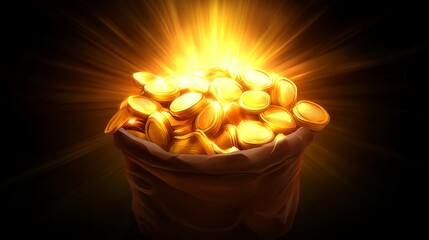 A glowing bag overflowing with golden coins, symbolizing wealth and prosperity in a dark background