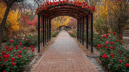 Obraz premium Autumnal Rose Garden Pathway: A Serene Brick Walkway Underneath a Blooming Rose Arch
