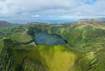 Aerial view on the crater lakes Lagoa Rasa and Lagoa Funda on the isles of Flores, Azores Portugal
