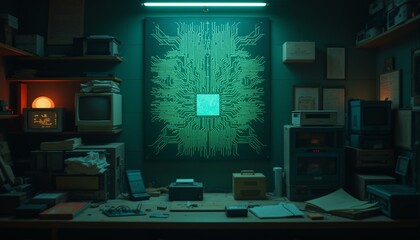 A vintage microchip sits amidst a cluttered electronics workshop with nostalgic pixel art and old computer parts.