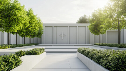 Fototapeta premium Contemporary outdoor mausoleum with trees and sunlight