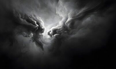 A dramatic monochrome image of swirling smoke or clouds against a dark background with bright light