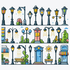City Park Elements with Lamp, Light Post and Road Barrier Column Vector Set stock illustration