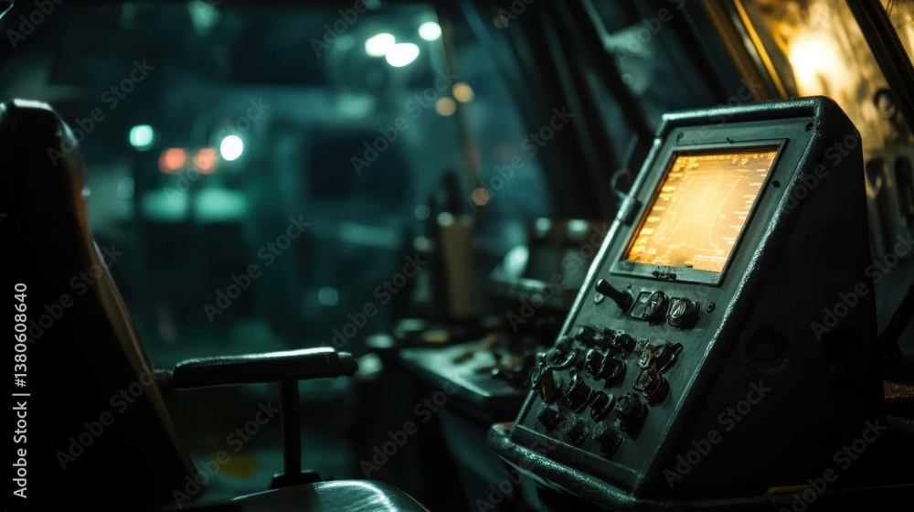 Poster night view of a control panel in a vehicle's cabin with a glowing screen and buttons.