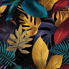 Golden Tropical Leaves Seamless Pattern – Modern Abstract Art Painting