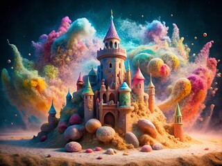 Obraz premium Surreal Kinetic Sand Castle: Vibrant Multicolored Indoor Play Scene