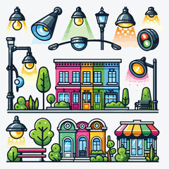 City Park Elements with Lamp, Light Post and Road Barrier Column Vector Set stock illustration