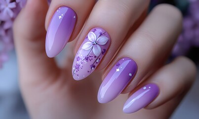 Close up of hand with purple manicure featuring floral design and glitter accents on almond shaped nails