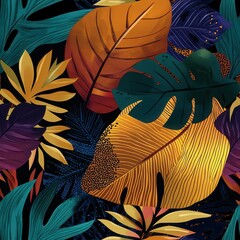 Golden Tropical Leaves Seamless Pattern – Modern Abstract Art Painting