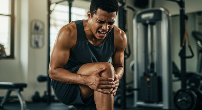 Fitness Injury Pain Knee Workout - A man experiences intense knee pain during a workout, symbolizing injury prevention, physical therapy, sports medicine, proper form, and recovery