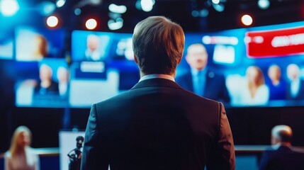 A political campaign using mass media, featuring TV debates, online advertisements, and social media engagement,
