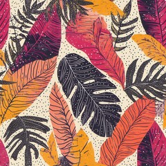 Sunset Jungle Tropical Leaves Seamless Pattern – Modern Abstract Art Painting