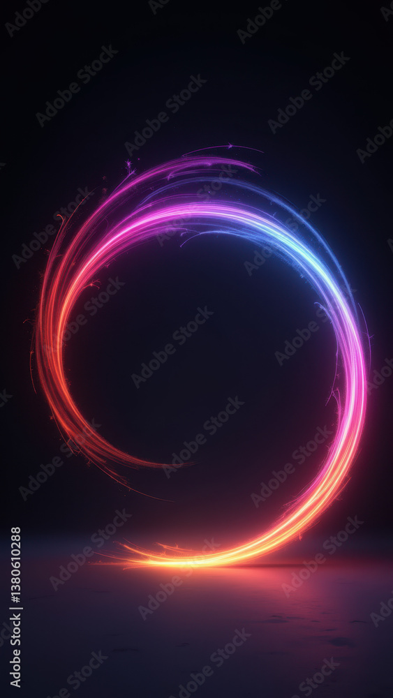 Poster a futuristic circular light display with colorful rings emanating from a central point against a dar
