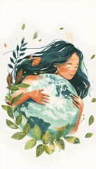Illustration of a girl hugging the planet Earth. Creative concept for graphic and web design, social media banner, background cover, environment and ecology wallpaper. © Mrkvica