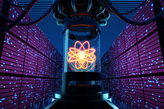 Atom have a glowing core and orbits in a laboratory device connected with cables and surrounded by supercomputers. Illustration of the concept of quantum mechanics and quantum computer