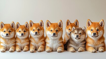 Obraz premium Shiba puppies A line of adorable, orange, and cream pups posing indoors