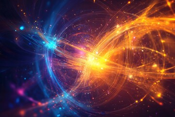 Abstract rendering of energetic light trails with blue and orange hues in a dark cosmic space
