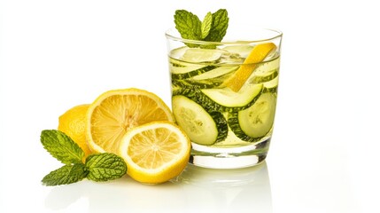Fototapeta premium A refreshing detox herbal drink with slices of lemon and mint floating, isolated on a white background
