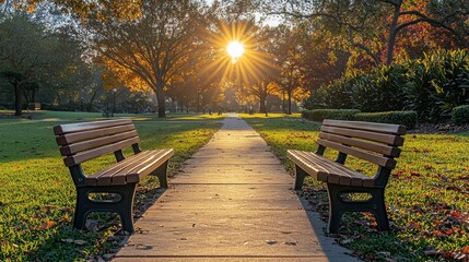 Serene Autumn Sunset in a Park: Two Benches Facing the Golden Hour
