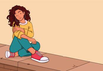 Cartoon young girl. Beautiful teenager woman seated.