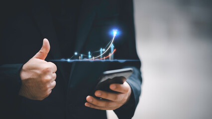 Goal and target business 2025 concept, Business people show arrow growth up, Investing in stock markets, funds and digital assets, Business finance technology and investment.