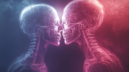 Abstract skulls kissing, ethereal glow, artistic background, digital art, possible use in posters, greetings cards