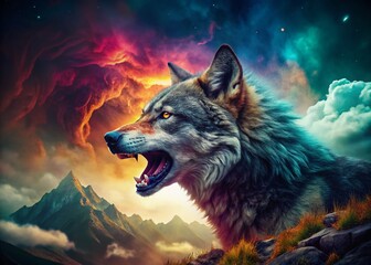 Fototapeta premium Surreal Wolf Portrait: Feral Majesty in a Twisted Dreamland