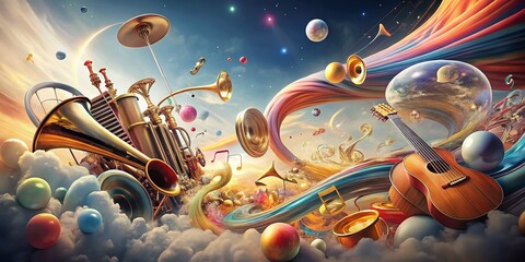 Obraz premium Surreal World Music Day Celebration: Floating Instruments & Colorful Notes