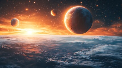 Alien planet sunrise, swirling clouds, cosmic scene, view from above. Possible use Space, science fiction background