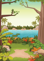 Colorful forest with blue river. Park with grass and trees. Nature landscape.