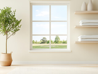 Fototapeta premium Bright and airy room with large window overlooking green landscape and neatly arranged towels