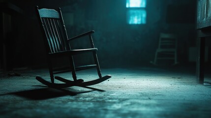 Old rocking chair in a dark, dusty room, illuminated by a single light source.