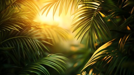 Obraz premium Tropical sunset palm leaves jungle background