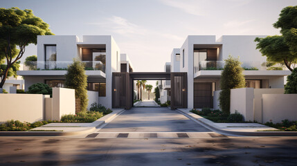 Flat 2D design of a gated community with modern villas, clean architecture, vibrant real estate illustration.

