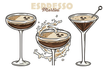 Martini espresso cocktail glass with coffee beans for design of surfing, tiki, beach bar menu. Сoffee martini or brown margarita alcohol cocktail for drink party summer vibes