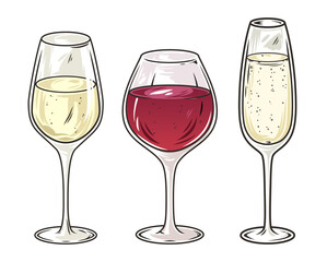 Cocktail set colored vector - red wine glass, white wine glass, champagne glass