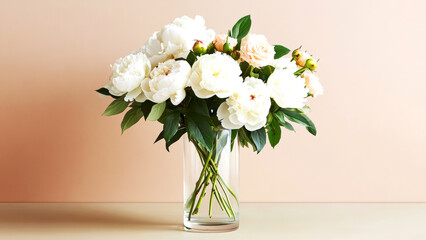 Fototapeta premium Elegant bouquet of white peonies in clear vase on minimalist background