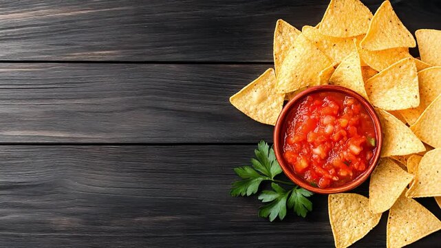 Crispy tortilla chips with fresh salsa on a rustic table