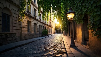 Obraz premium A serene, cobblestone street lined with buildings, illuminated by a warm sunset and surrounded by lush green vines. Concept Serene Cobblestone Street, Warm Sunset Ambiance, Lush Green Vines