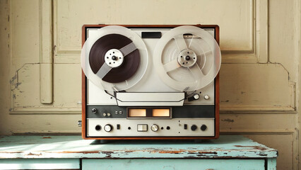 Vintage reel to reel tape recorder on rustic wooden table