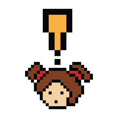 Obraz premium Cute pixel cartoon character woman notice with exclamation mark decoration 8 bit female girl lady surprise idea exclamation alert cartoon pixel game 8bit png vector.