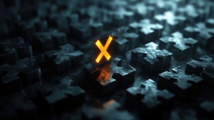 Glowing orange x among dark crosses in futuristic digital environment. Brand insights