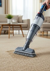 Handheld vacuum cleaner on carpet in modern living room setting.
