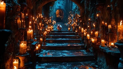 Fototapeta premium Enchanted Staircase: A Pig's Mystical Journey