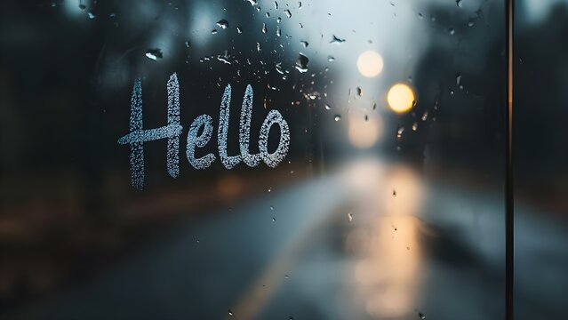 A foggy window with the word Hello written on it, droplets of water visible, and blurred lights in the background. Concept Foggy Window Art, "Hello" Etching, Water Droplets, Blurred Bokeh Lights - Powered by Adobe