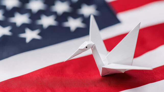 independence day, beautiful origami crane symbolizes independence and day on vibrant American flag background - Powered by Adobe