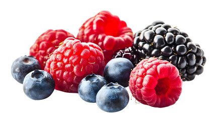 Mixture of Fresh Wild Berries Including Raspberry, Blueberry, and Blackberry Displayed Isolated