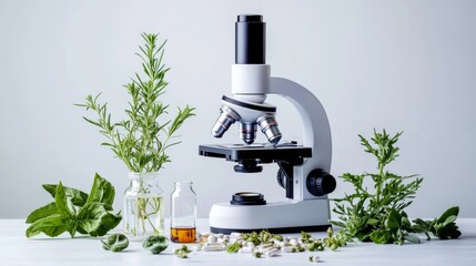 A scientific microscope examining herbal extracts for medicinal research, isolated on white
